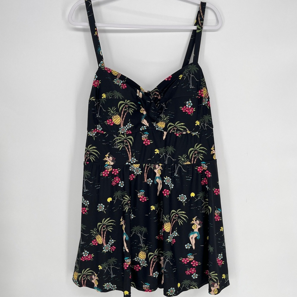 Torrid 3X Hula Girl Swim Dress Black Tropical Skirted One Piece Retro - Picture 4 of 15